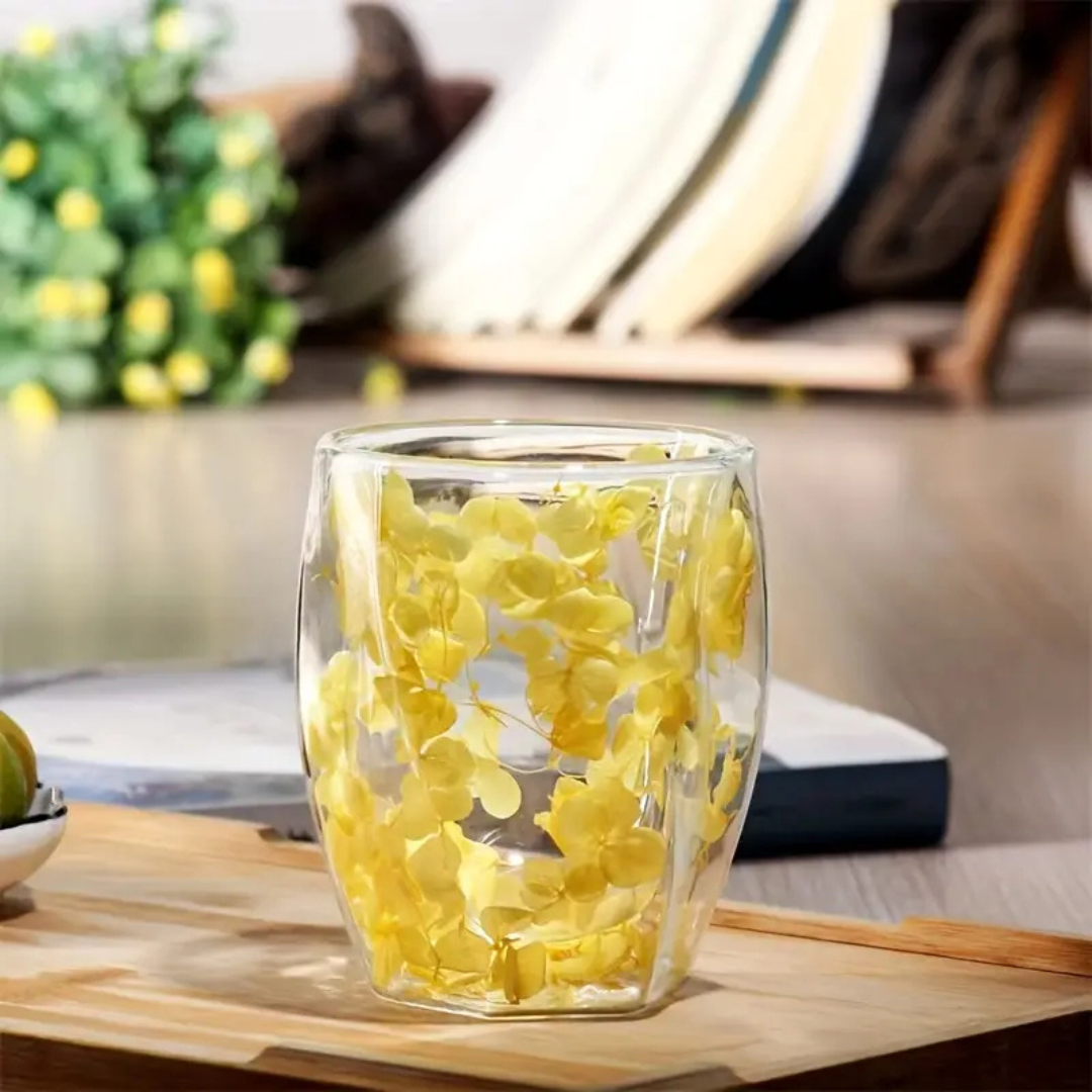 Elegant Glass Coffee Mug with Real Flowers