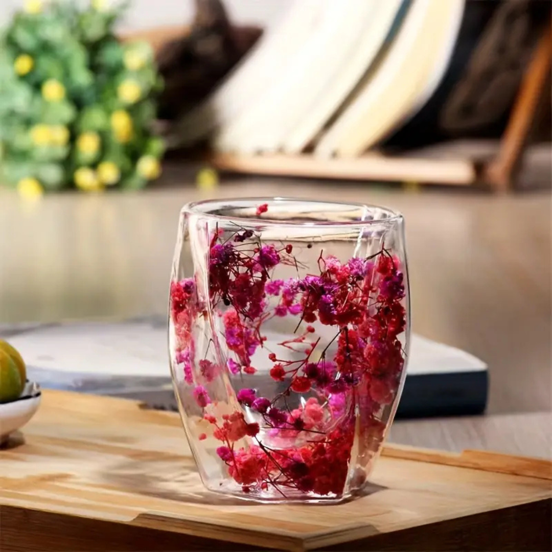 Elegant Glass Coffee Mug with Real Flowers