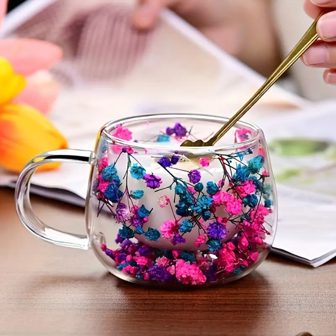 Handcrafted Double Layer Glass Flower Coffee Mug