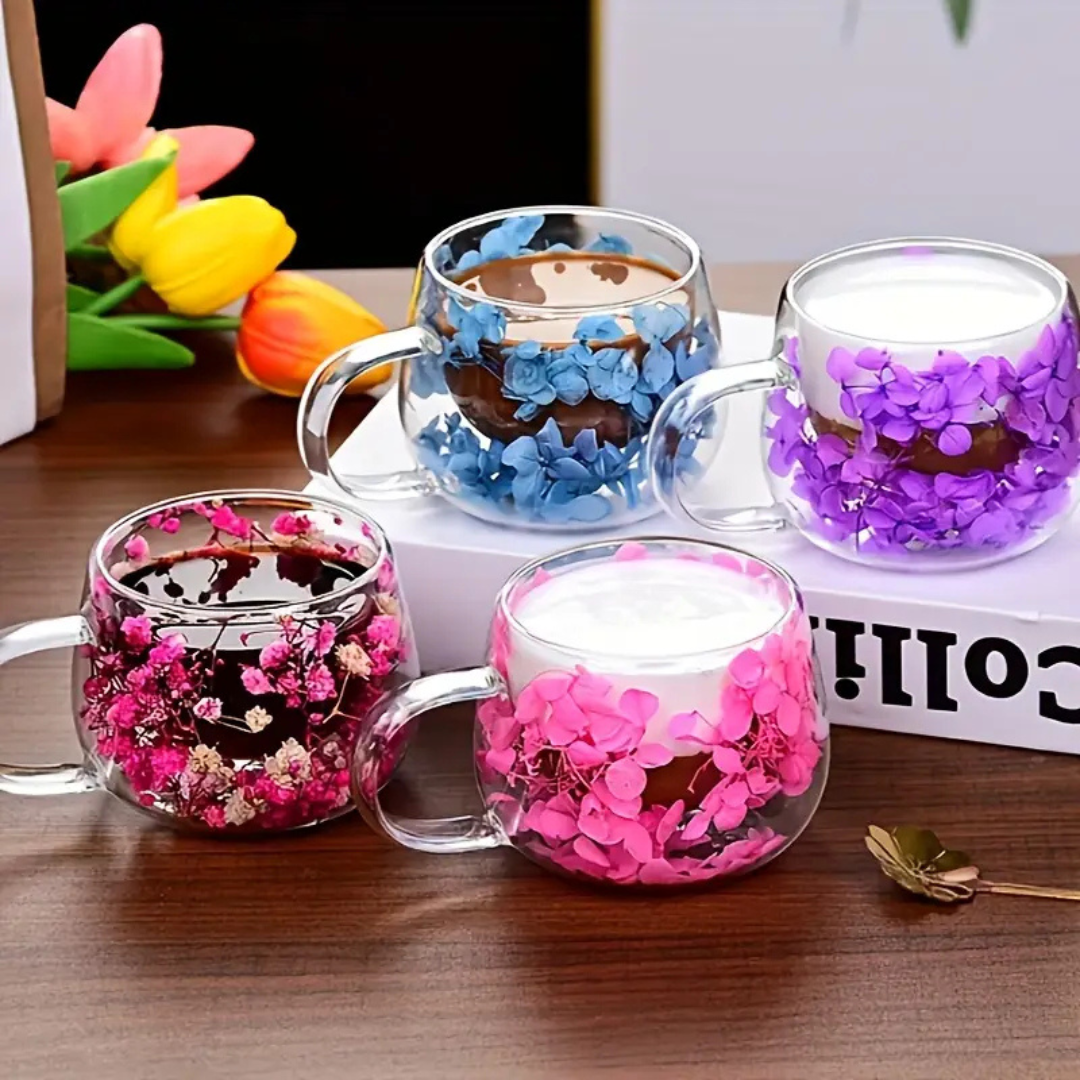 Handcrafted Double Layer Glass Flower Coffee Mug