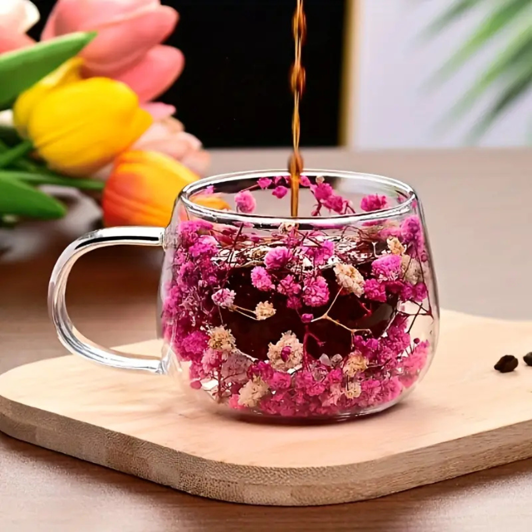 Handcrafted Double Layer Glass Flower Coffee Mug