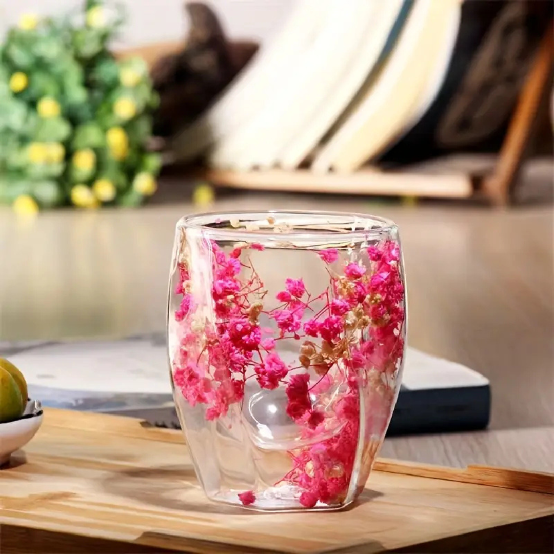 Elegant Glass Coffee Mug with Real Flowers