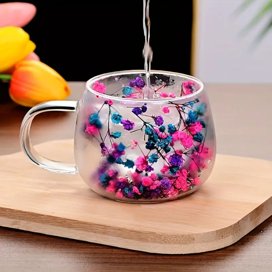 Handcrafted Double Layer Glass Flower Coffee Mug